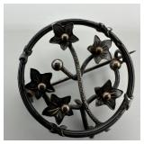 Circular Floral and Vine Motif Silver Brooch Q55
