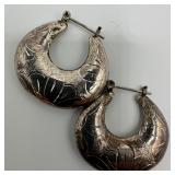 Intricate Etched Floral Design Hoop Earrings Sterl