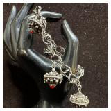 Ornate Fob Dangle Charm Silver Bracelet Red Stone