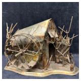 Handcrafted Metal Barn and Water Wheel Sculpture w