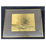 Framed Vintage Gold Foil Sailboat Etching (R72)