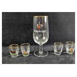 Vintage Gold-Rim Stemmed Beer Glass & 4 Shot Glass