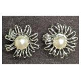Vintage Unsigned AB Crystal And Faux Pearl Clip On