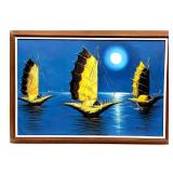 Original Acrylic On Canvas Depicting Junk Boats In