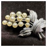 Crown Trifari Silver Tone Leaf Brooch with Faux Pe