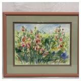 Framed Watercolor Floral Garden Scene Signed Est P