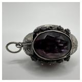 Purple Glass Ornate Fob Filigree Silver Charm Flor