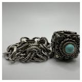 Turquoise Cabochon Square Charm Silver Ornate Doub