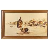 Original Oil Painting of Asian Junk Ship & Village