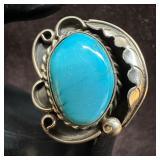 Navajo Style Feather Motif Silver Ring Turquoise N