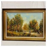 Vintage Oil on Canvas Autumn Landscape with Stroll