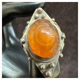 Carved Orange Glass Cabochon Silver Plated Ring