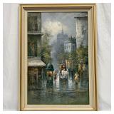 Rainy City Street Scene with Horse Drawn Carriage