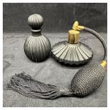 Vintage Black Ribbed Glass Perfume Bottle and Atom