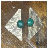 Gold Tone Triangle Earrings with Malachite Stone