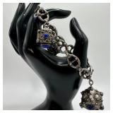 Three Ornate Lapis Cabochon Floral Motif Bracelet