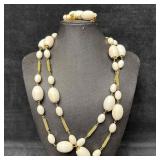 Large White Bead Necklace and Earrings Set with Go