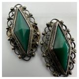 Green Onyx Mexico Silver Filigree Frame Bezel Earr
