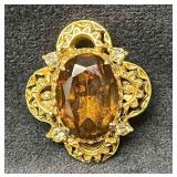 Signed Vintage Gold Tone Florenza Brooch With Ambe
