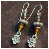 Amber Beaded Sterling Dangle Flower Accent Earring