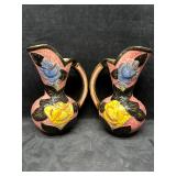 Pair Of Art Deco Style Floral Relief Pottery Pitch