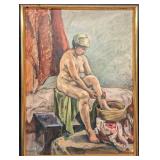 Vintage Framed Nude Woman Watercolor On Canvas