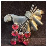 Sterling Silver Floral Brooch with Large Pink and
