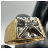 14K Yellow White Gold Men Diamond Ring Square Illu