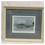 Framed Coastal Harbor Watercolor Painting Boats at