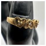 14K Yellow Gold Triple Heart Accent Diamonds Ring