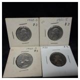 4 US Washington Silver Quarters 1950-1952