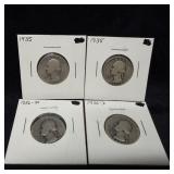 4 Washington US Silver Quarters 1935-1936