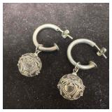 Sterling Silver Dangle Ornate Ball Hoop Style Earr