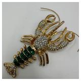 Large Rhinestone Lobster Figural Brooch Gold Tone