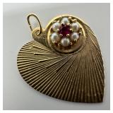 14K Gold Heart Pendant Ruby and Pearl Setting W81