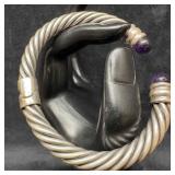 Sterling Silver Amethyst Cable Hinged Cuff Bangle