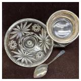 Cut Italy Glass Lidded Sugar Bowl Dish with Silver