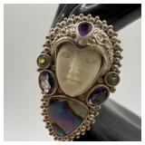 Carved Goddess Face Sajen Sterling Ring Abalone Sh