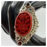 Sajen Art Deco Floral Sterling Silver Ring Red Cin