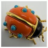 KJL Kenneth Jay Lane Ladybug Brooch Faux Coral and