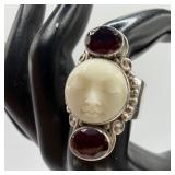 Carved Moon Face Cabochon Sajen Sterling Ring Red