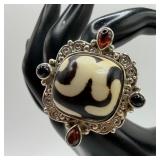 Sajen Sterling Silver Ring Dzi Bead Garnet and Bla
