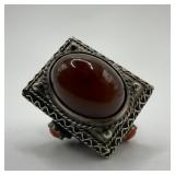 Carnelian Oval and Coral Ornate Ribbon Motif 800 S