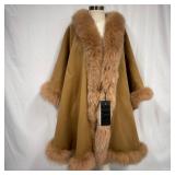 SANL Wool Cape with Fox Fur Trim Oversized Collar