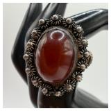Carnelian Oval Ornate Floral Motif Sterling Silver