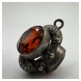 Ornate Fob Charm 800 Silver Amber Color Glass Acce