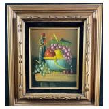 Oil Still Life Painting Fruit and Wine Signed Pain