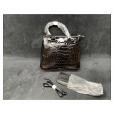 Black Croc-Print Handbag With Shoulder Strap