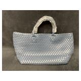 Deep Blue Faux Leather Woven Tote Bag