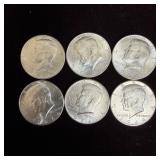 Lot of 6 Kennedy Half Dollar 1964 Silver Coin .900